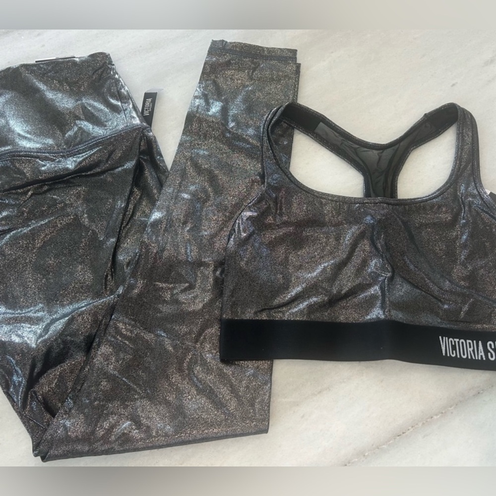 Victoria Sport Shiny Metallic Black and Silver Sports Bra & Leggings Set